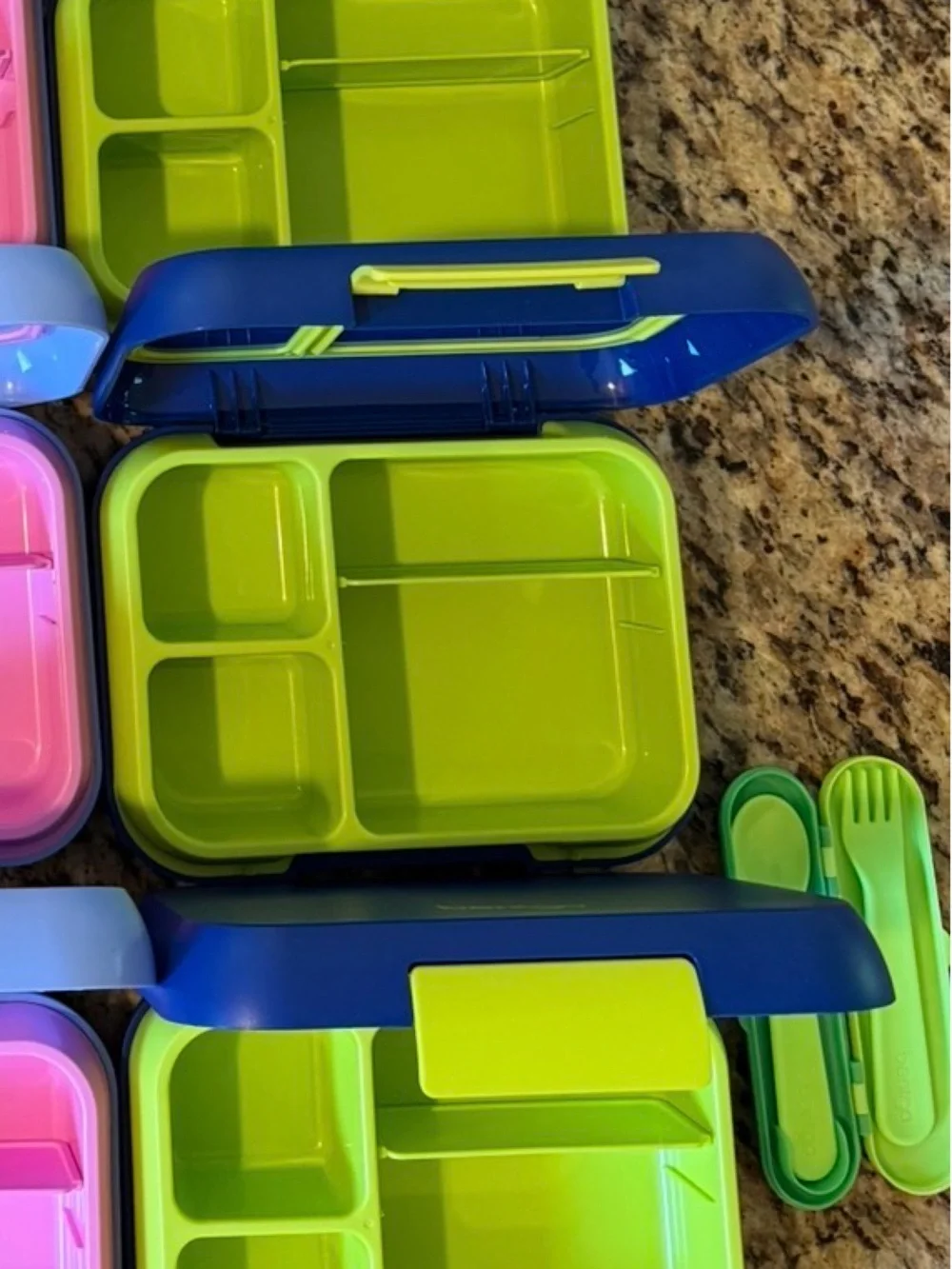 Blue and Lime Stackable Bento Lunch Box - 4 Pack & cutlery set